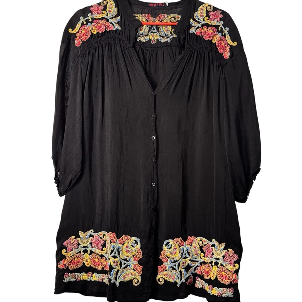 Johnny Was Embroidered Floral Black Tunic Blouse 3/4 Sleeve